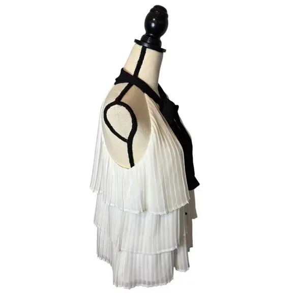 White House Black Market Bow-Neck Pleated Blouse Womens Size 12 White/Black - Picture 5 of 8